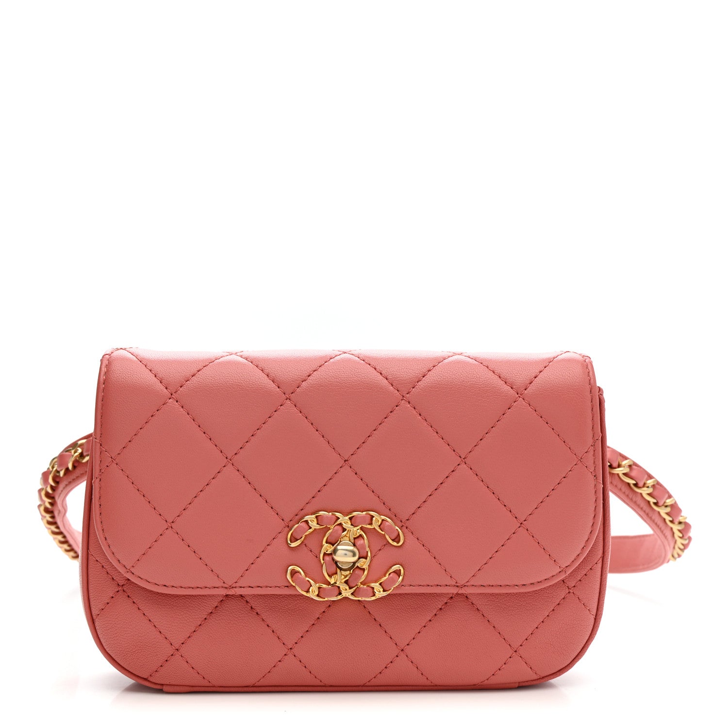 Lambskin Quilted Chain Infinity Waist Belt Bag Pink