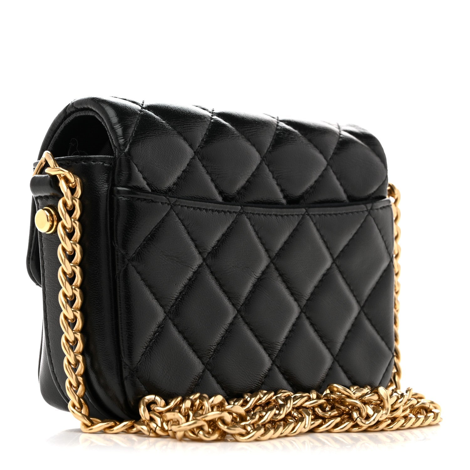 Shiny Crumpled Lambskin Quilted Mini Giant CC Flap Black