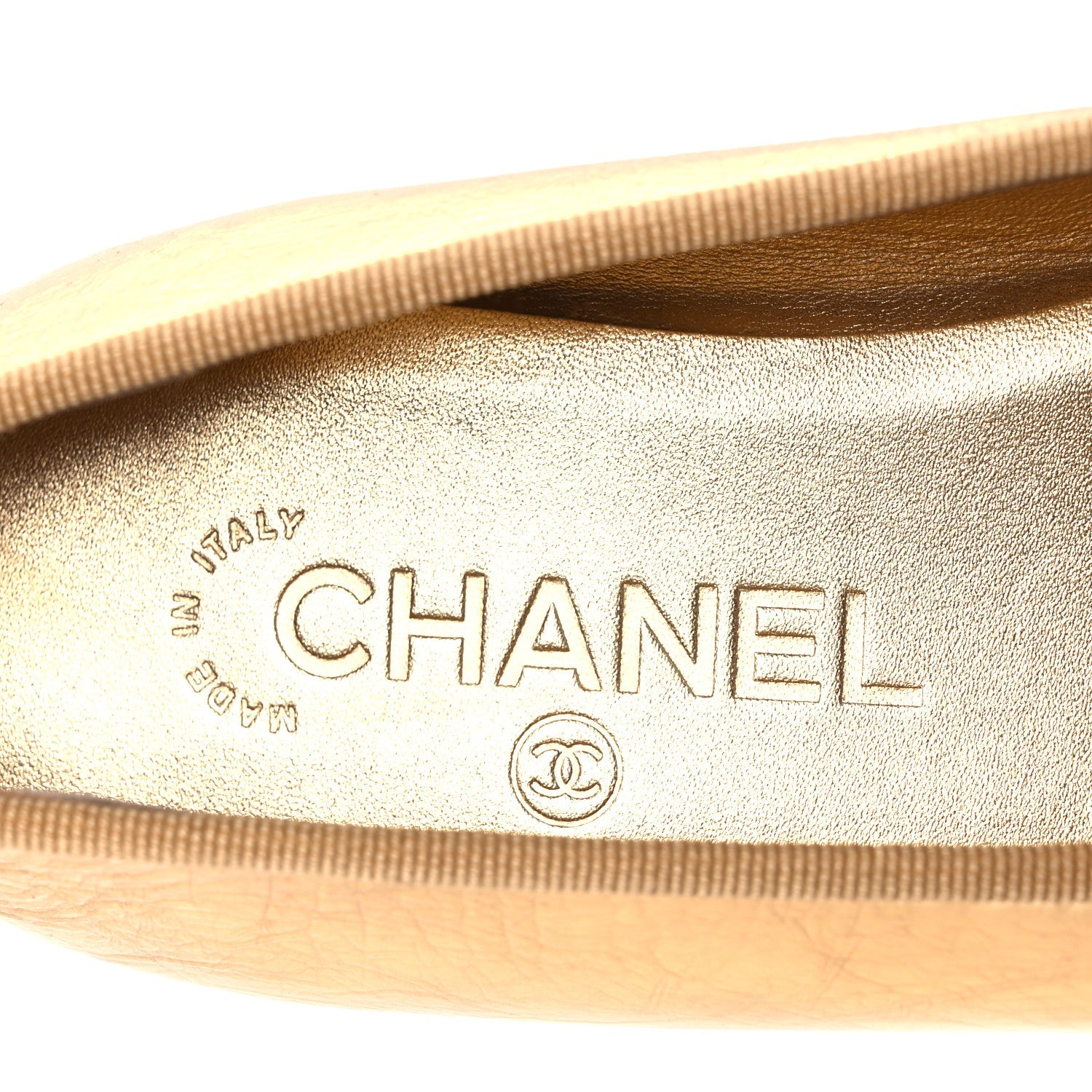Laminated Crumpled Lambskin Grosgrain Cap Toe CC Ballerina Flats 37.5 Gold Black