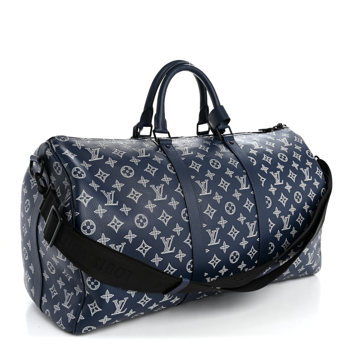 Calfskin Shadow Monogram Keepall Bandouliere 50 Ink Blue White