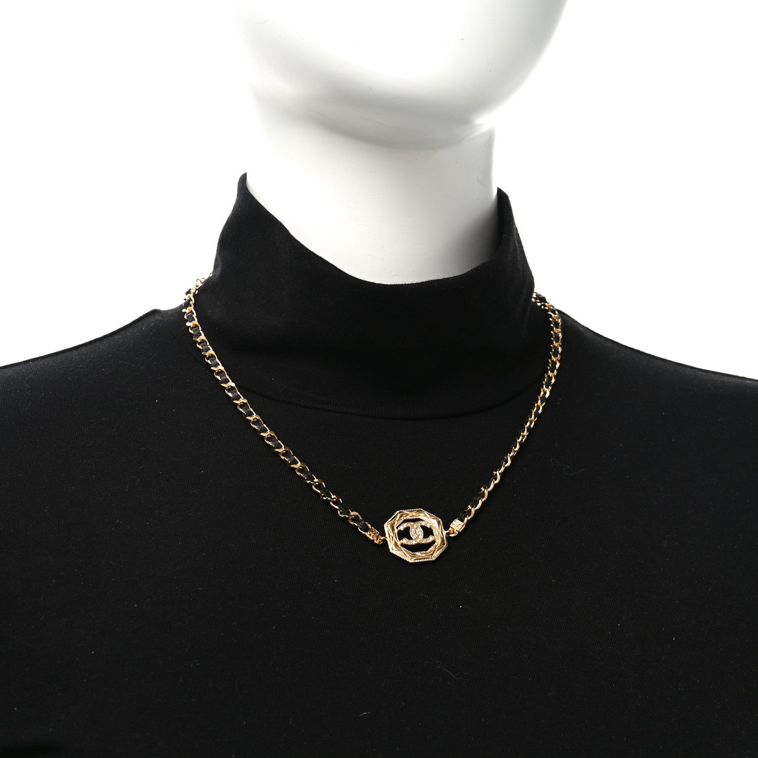 Metal Calfskin Crystal Chain CC Choker Necklace Black Gold