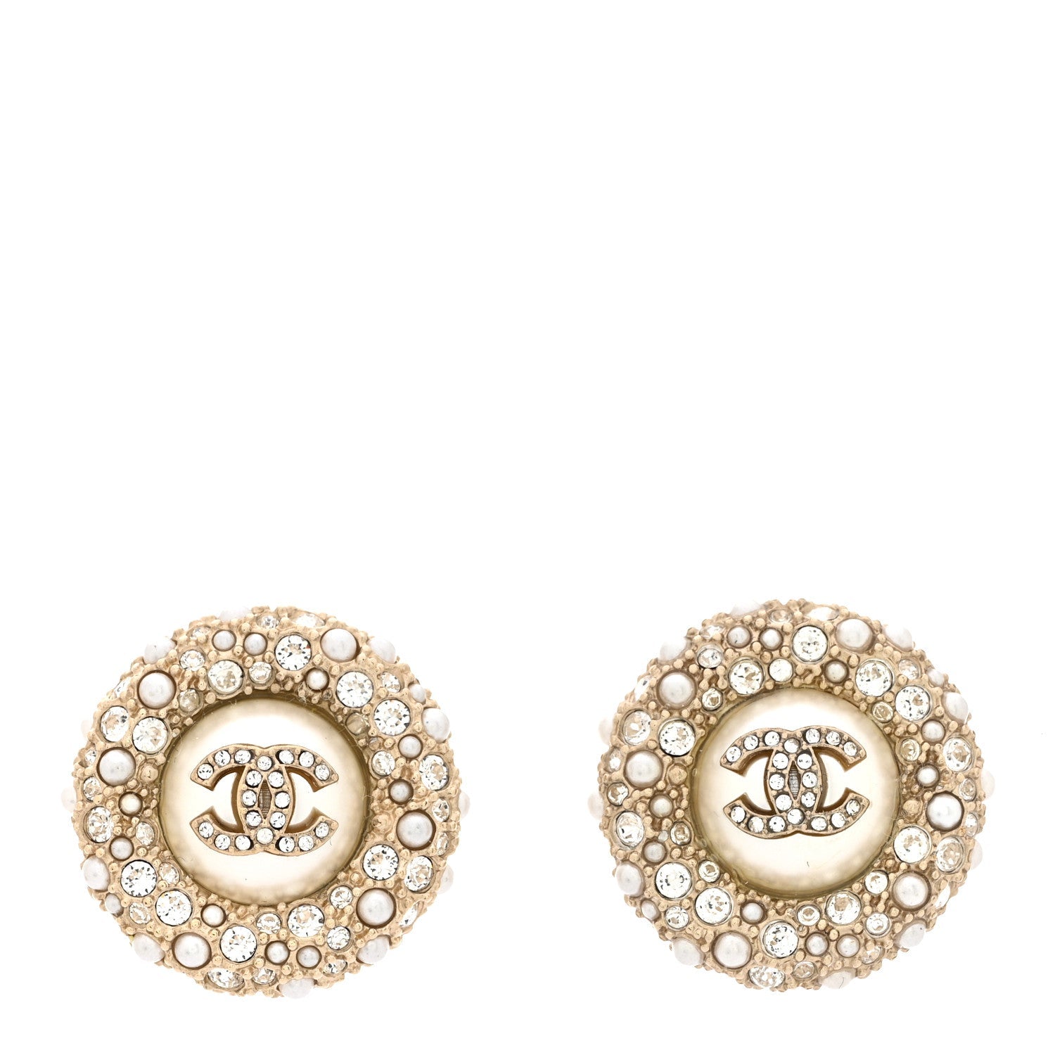 Pearl Crystal CC Round Earrings Light Gold