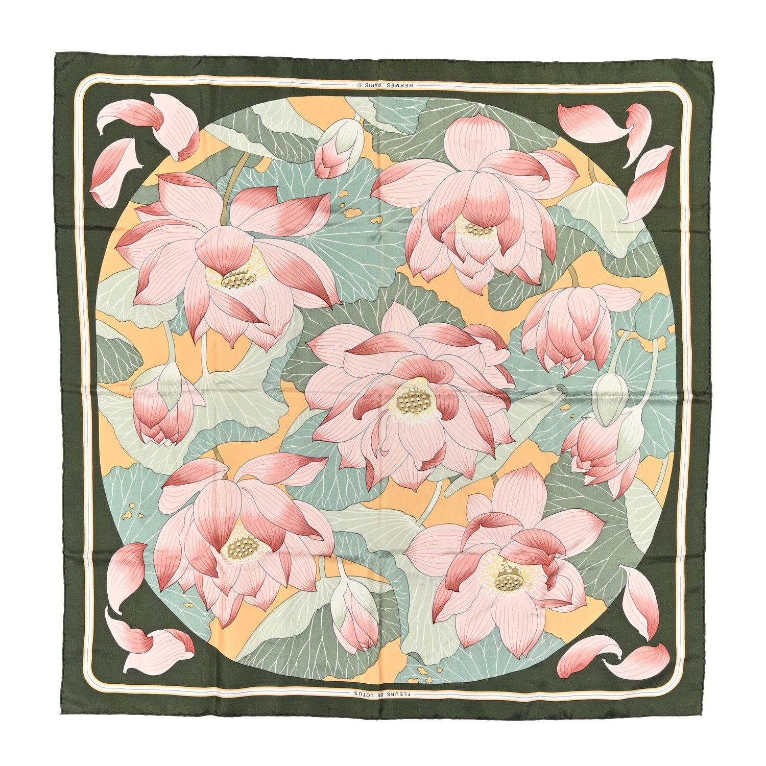 Silk Fleurs de Lotus Scarf 90 Green Pink
