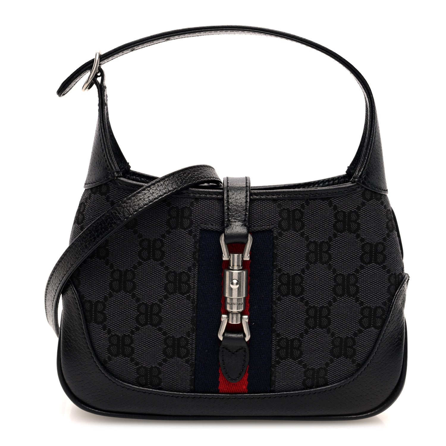 X BALENCIAGA BB Monogram Calfskin Web Mini Jackie 1961 Hobo Black