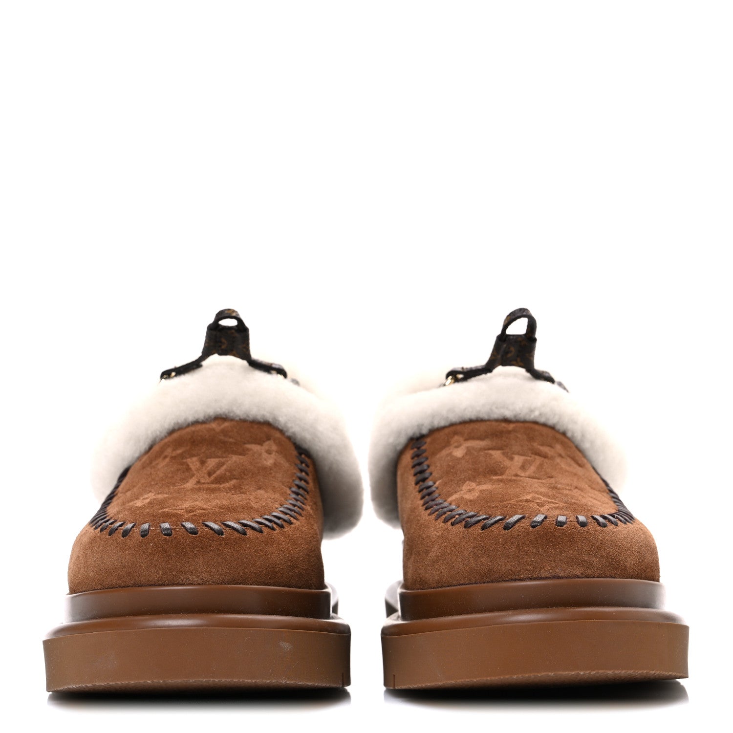 Suede Calfskin Shearling Monogram Debossed Cortina Closed Mule 38 Light Beige