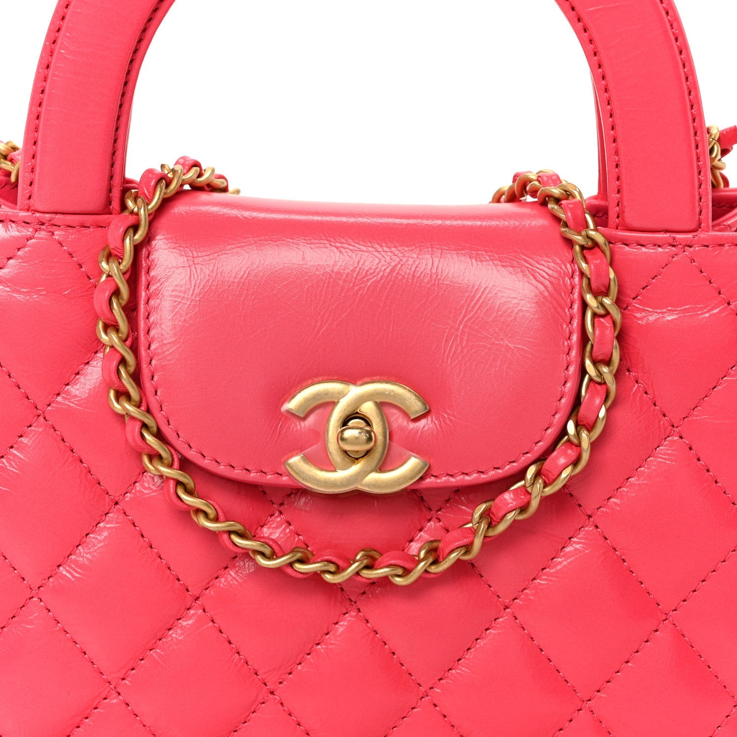 Shiny Aged Calfskin Quilted Nano Kelly Shopper Fuchsia