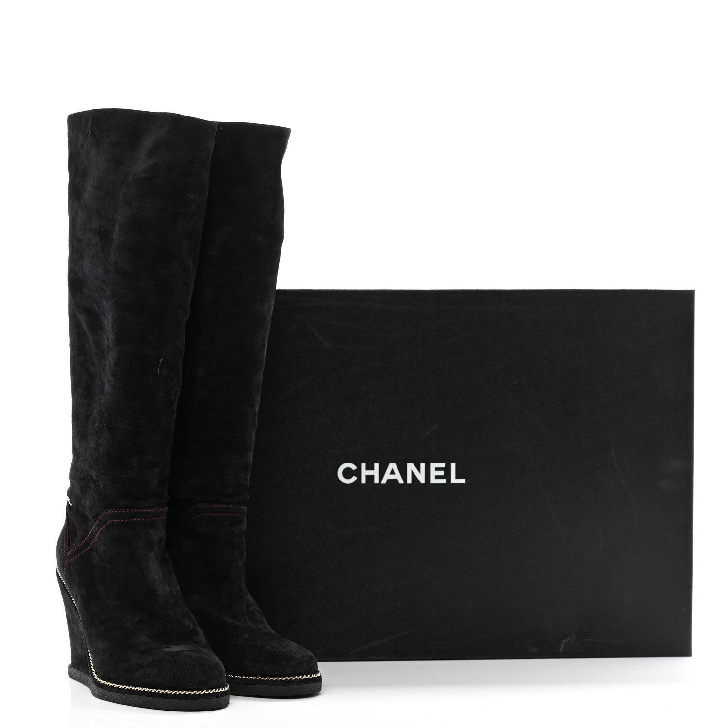 Suede Calfskin Chain Around High Boots 41 Black