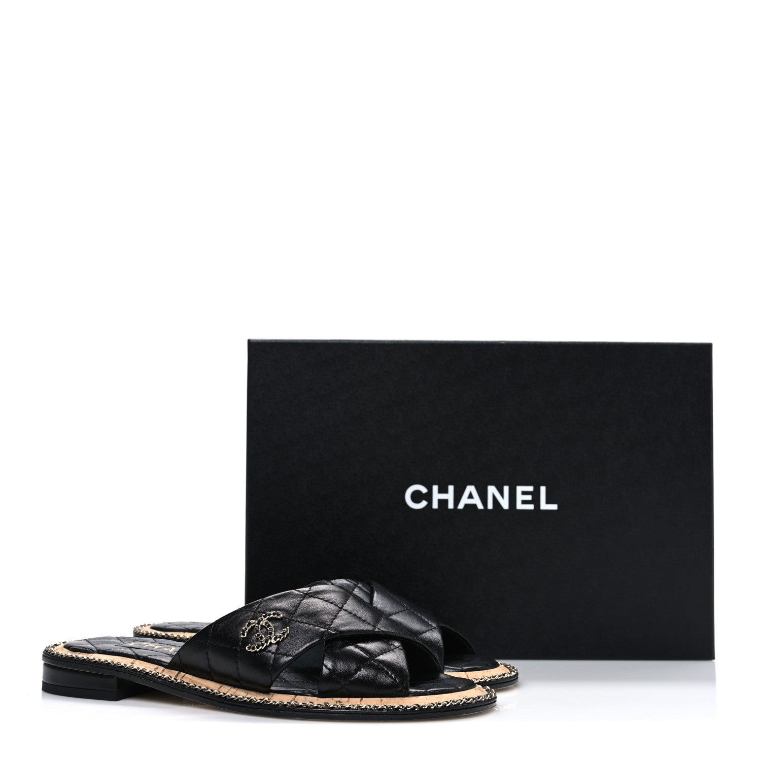 Lambskin Quilted Chain CC Sandals 36 Black