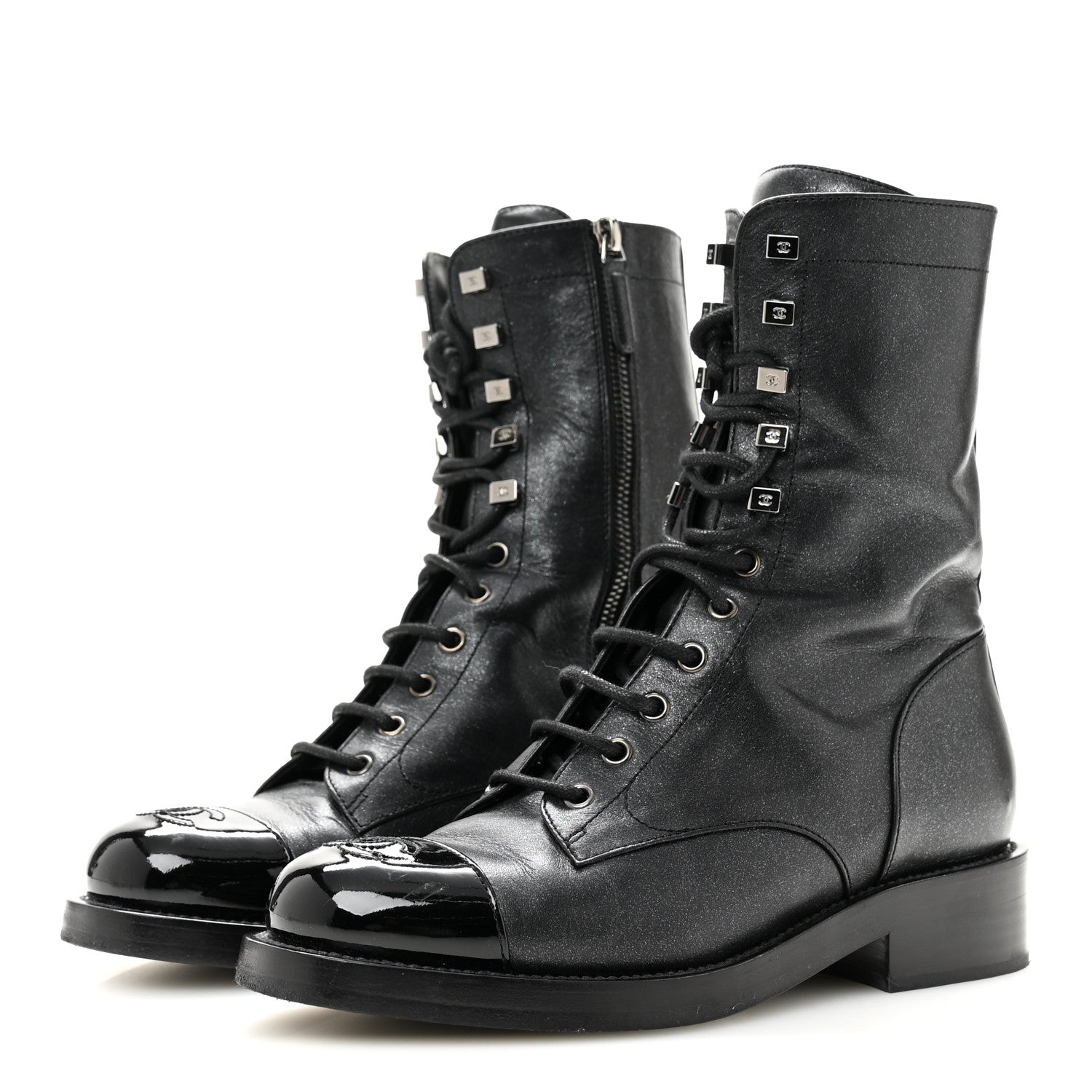 Iridescent Calfskin Patent Cap Toe Lace Up Combat Boots 38 Black