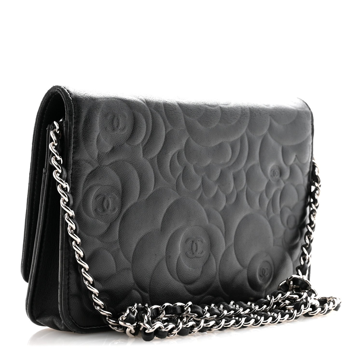 Lambskin Camellia Embossed Wallet On Chain WOC Black