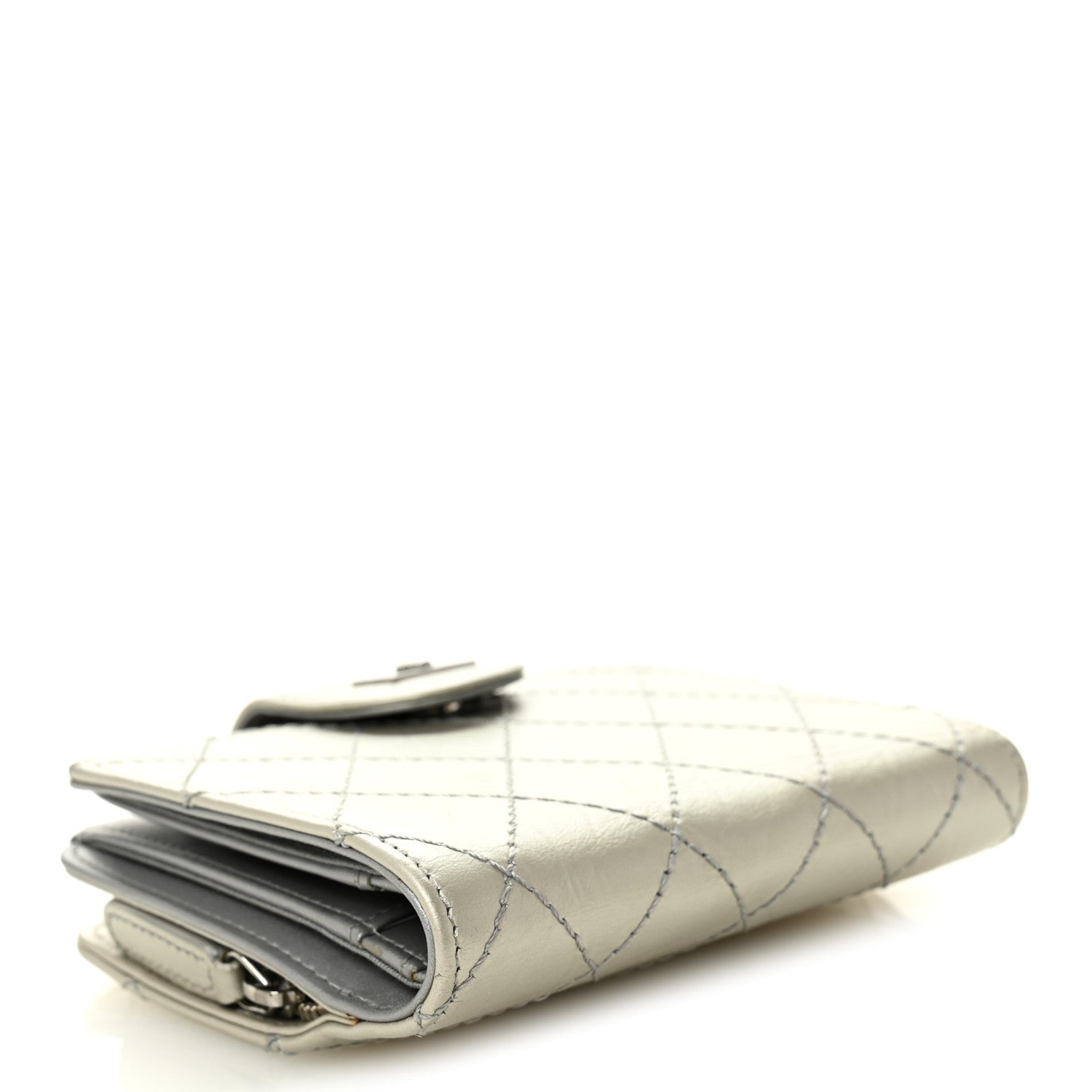 Metallic Aged Calfskin Stitched Reissue Compact Wallet  Silver