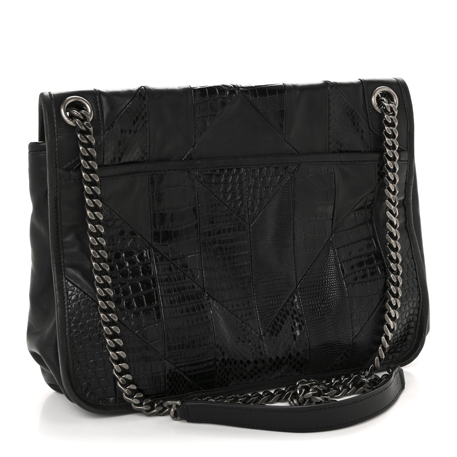 Calfskin Ayers Patchwork Monogram Medium Niki Chain Satchel Black