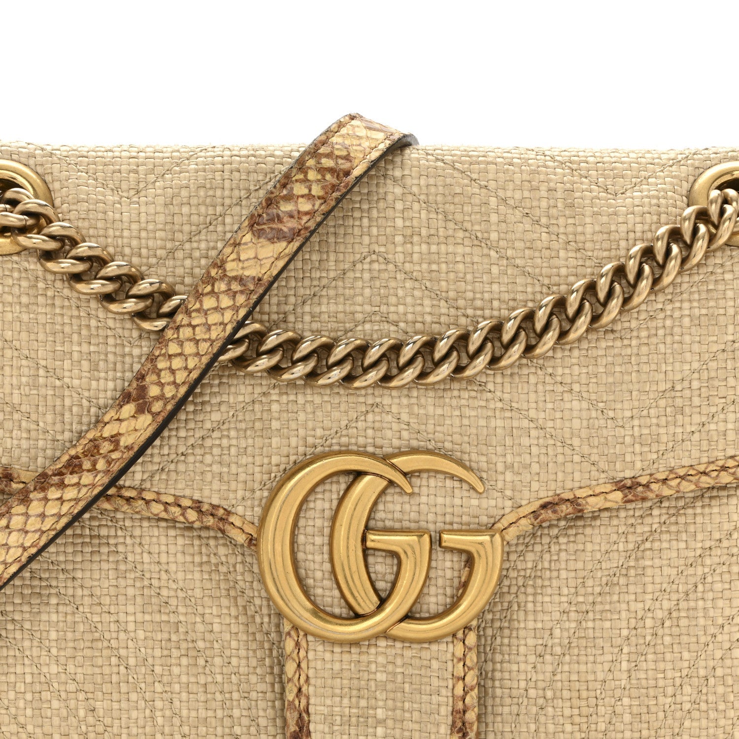 Raffia Elaphe Matelasse Small GG Marmont Shoulder Bag Natural Cream Brown