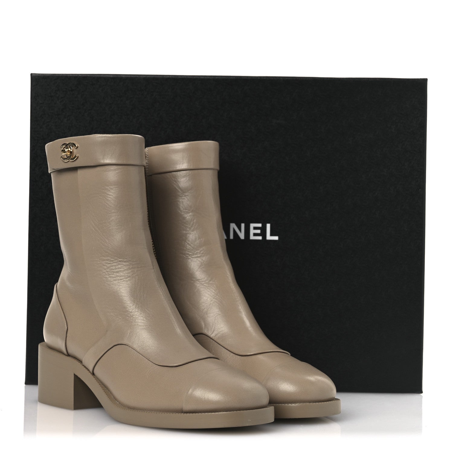 Shiny Goatskin Cap Toe Short Boots 37.5 Beige
