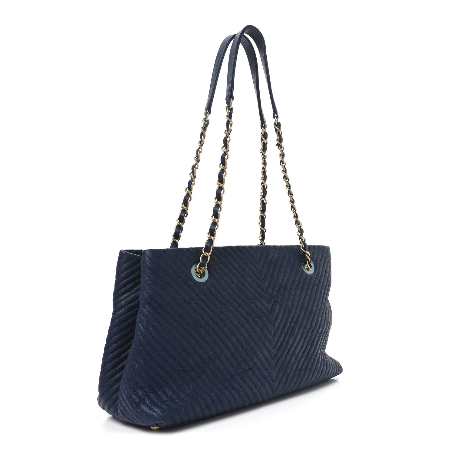 Wrinkled Lambskin Chevron Quilted Surpique Tote Navy Blue