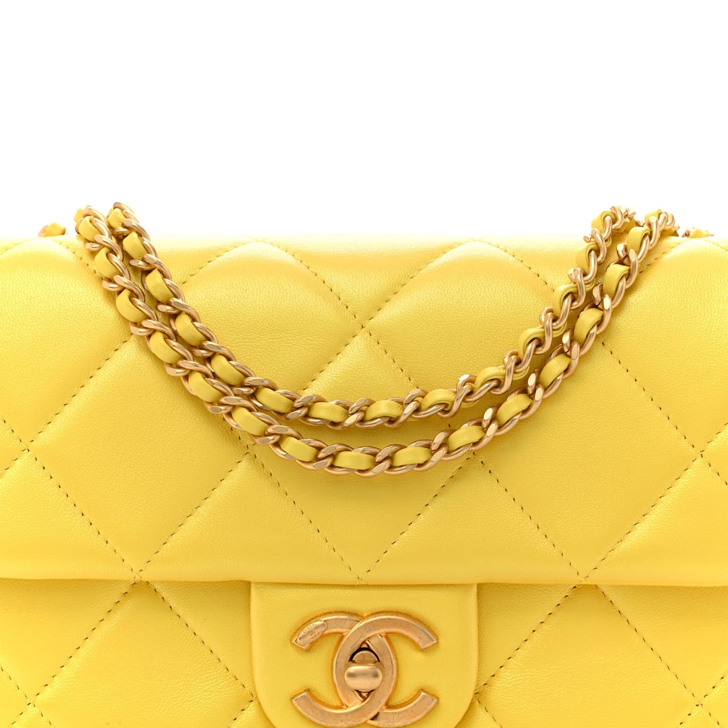 Pearly Lambskin Pearl Quilted Small Flap Yellow