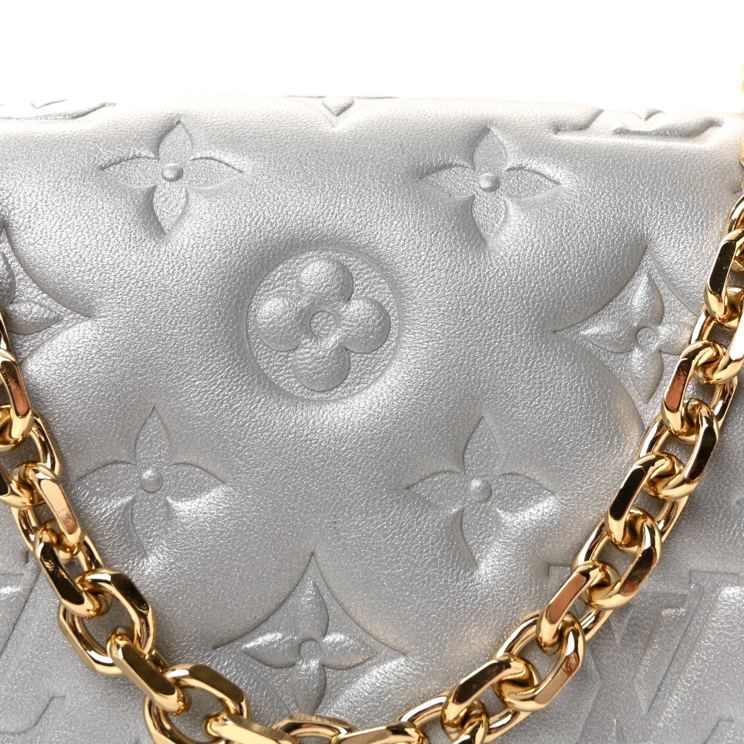 Metallic Lambskin Embossed Monogram Pochette Coussin Silver