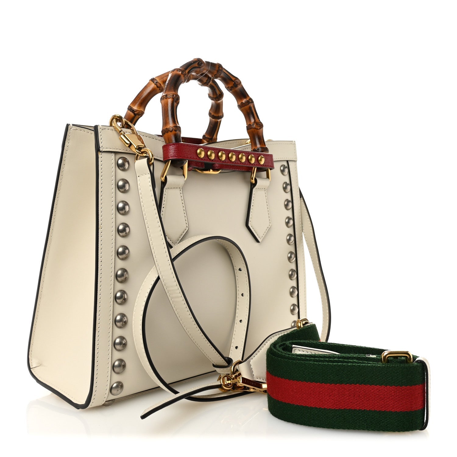 Calfskin Studded Loved Small Diana Tote Bag Mystic White Hibiscus Red