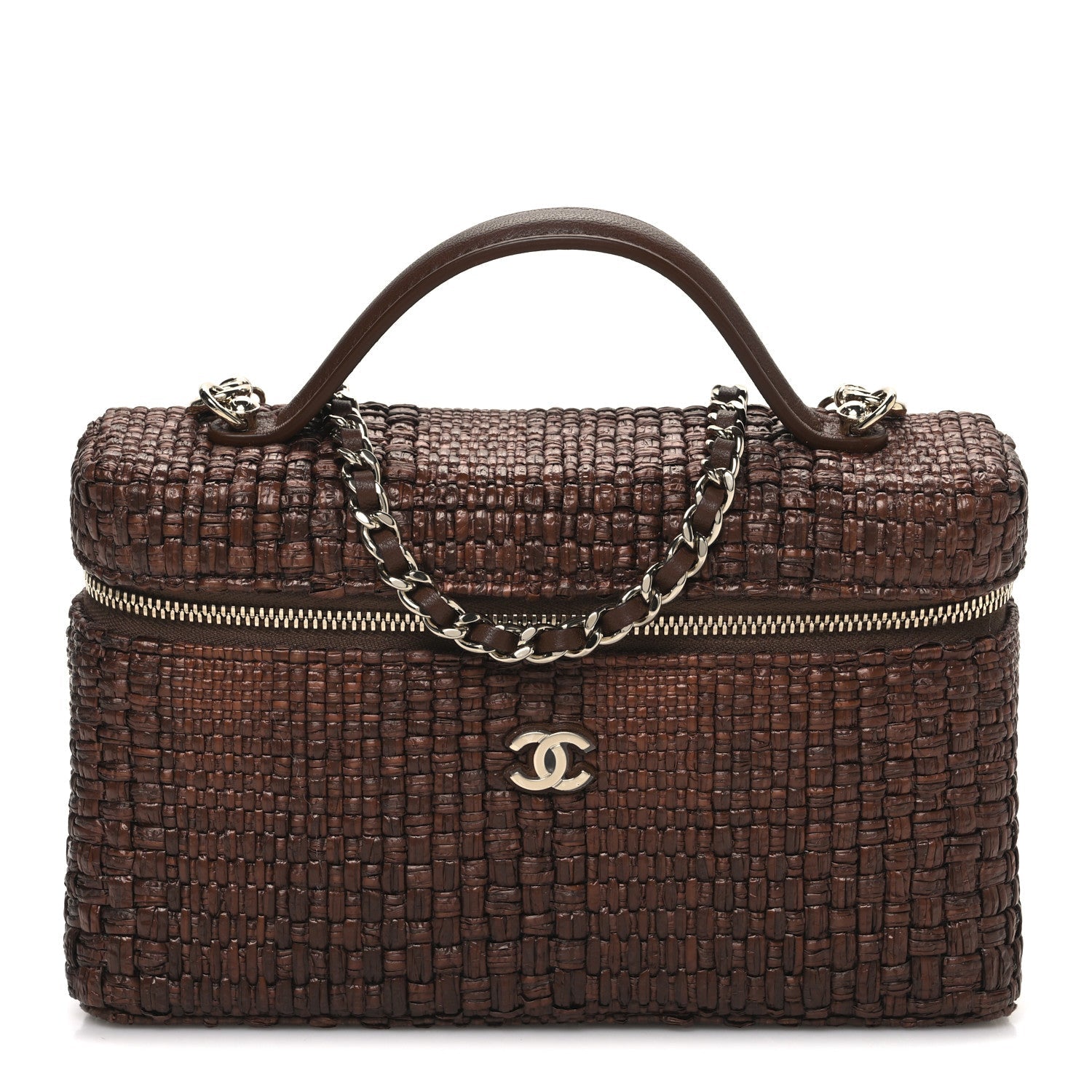 Braided Raffia Quilted Top Handle Slim Vanity With Chain Brown