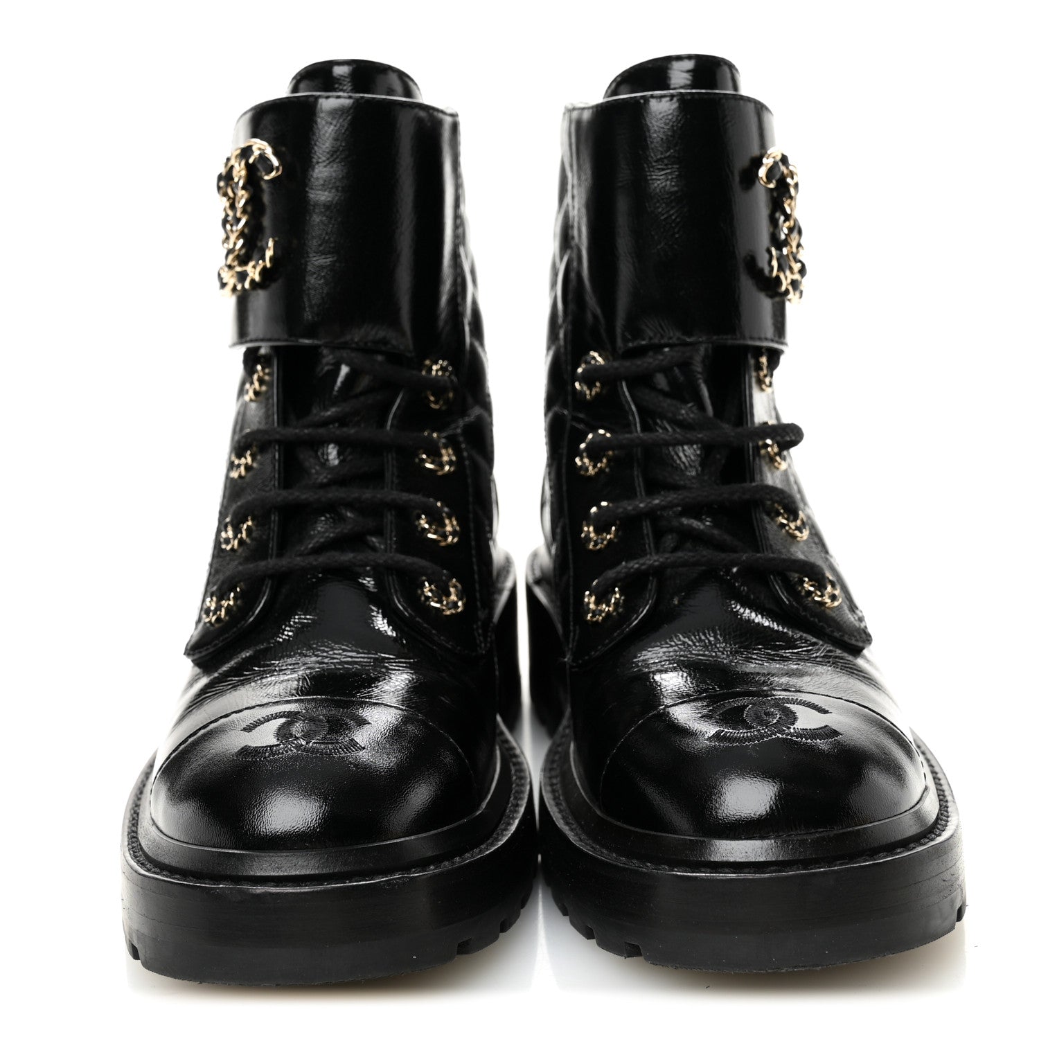 Shiny Calfskin Quilted Lace Up Combat Boots 37.5 Black