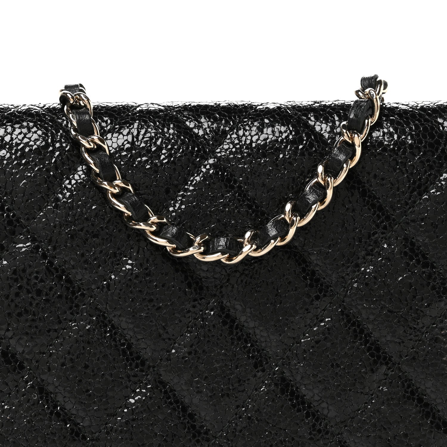 Crackled Patent Calfskin Quilted Pearl Wallet On Chain WOC Black