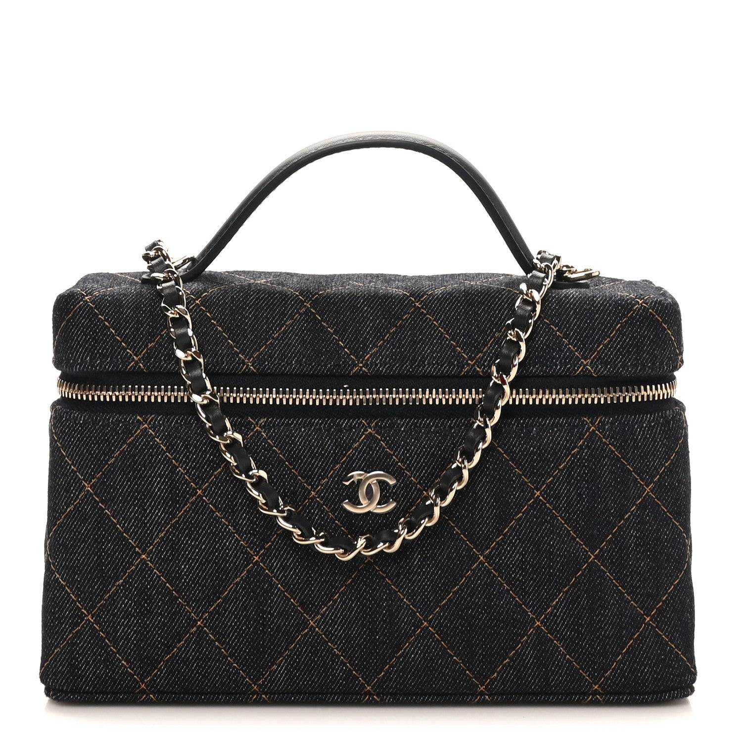 Denim Quilted Top Handle Slim Vanity Case With Chain Dark Blue Orange