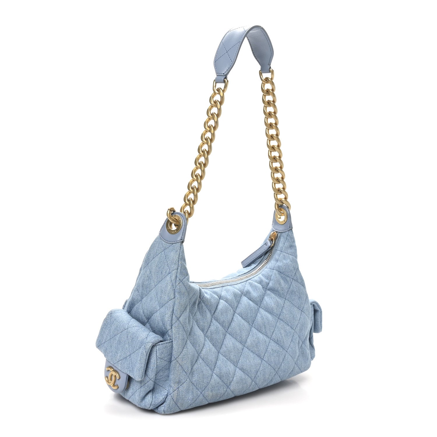 Washed Denim Quilted Large Trendy Pockets Hobo Blue