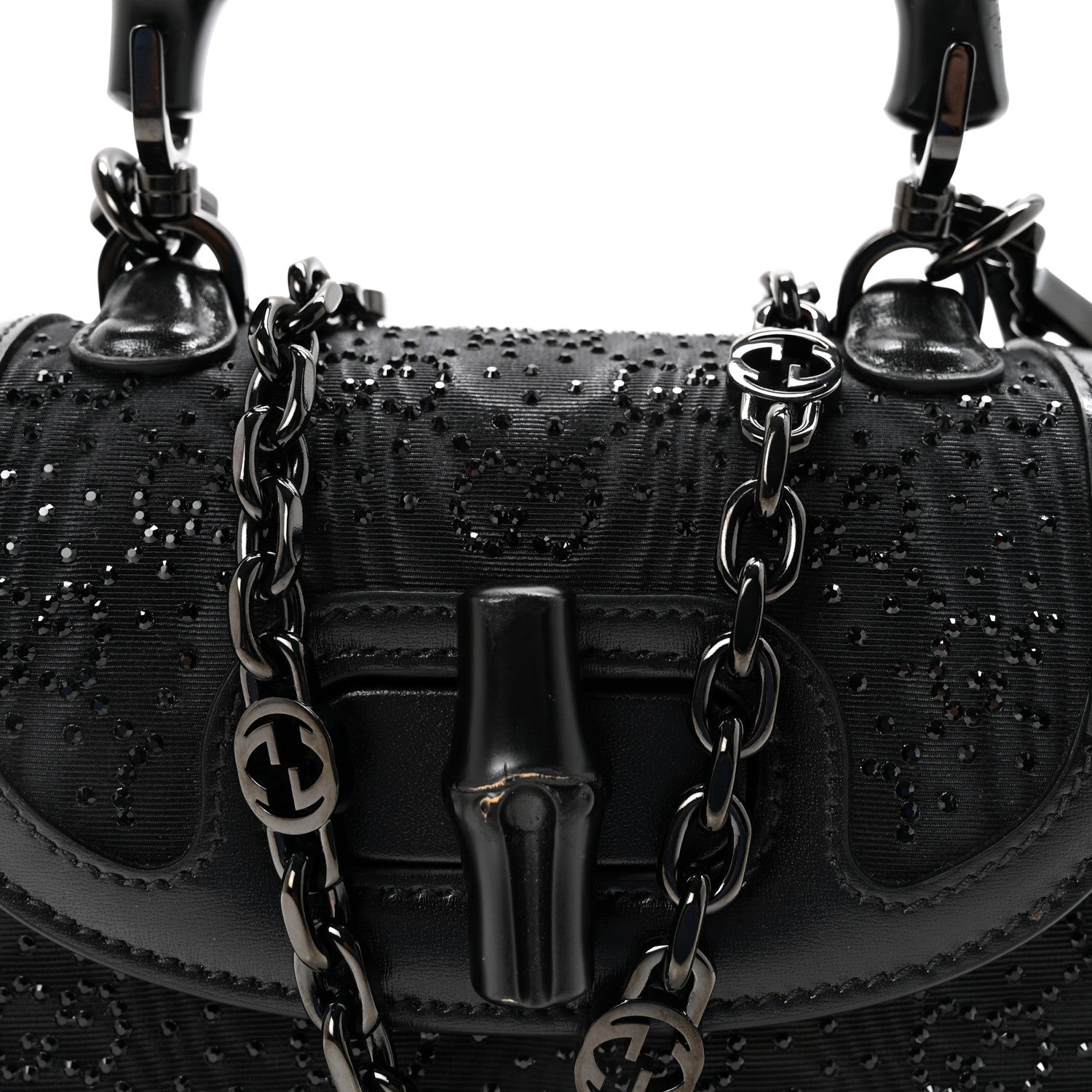 Moire Fabric Calfskin Rhinestone Monogram Monochrome Mini Bamboo 1947 Top Handle Chain Bag Black