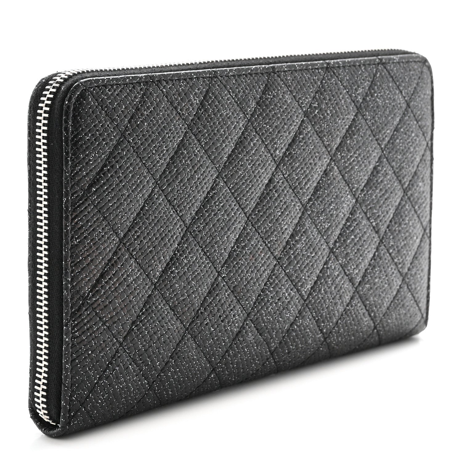 Glittered Calfskin Quilted Large Zip Around Organizer Wallet Black