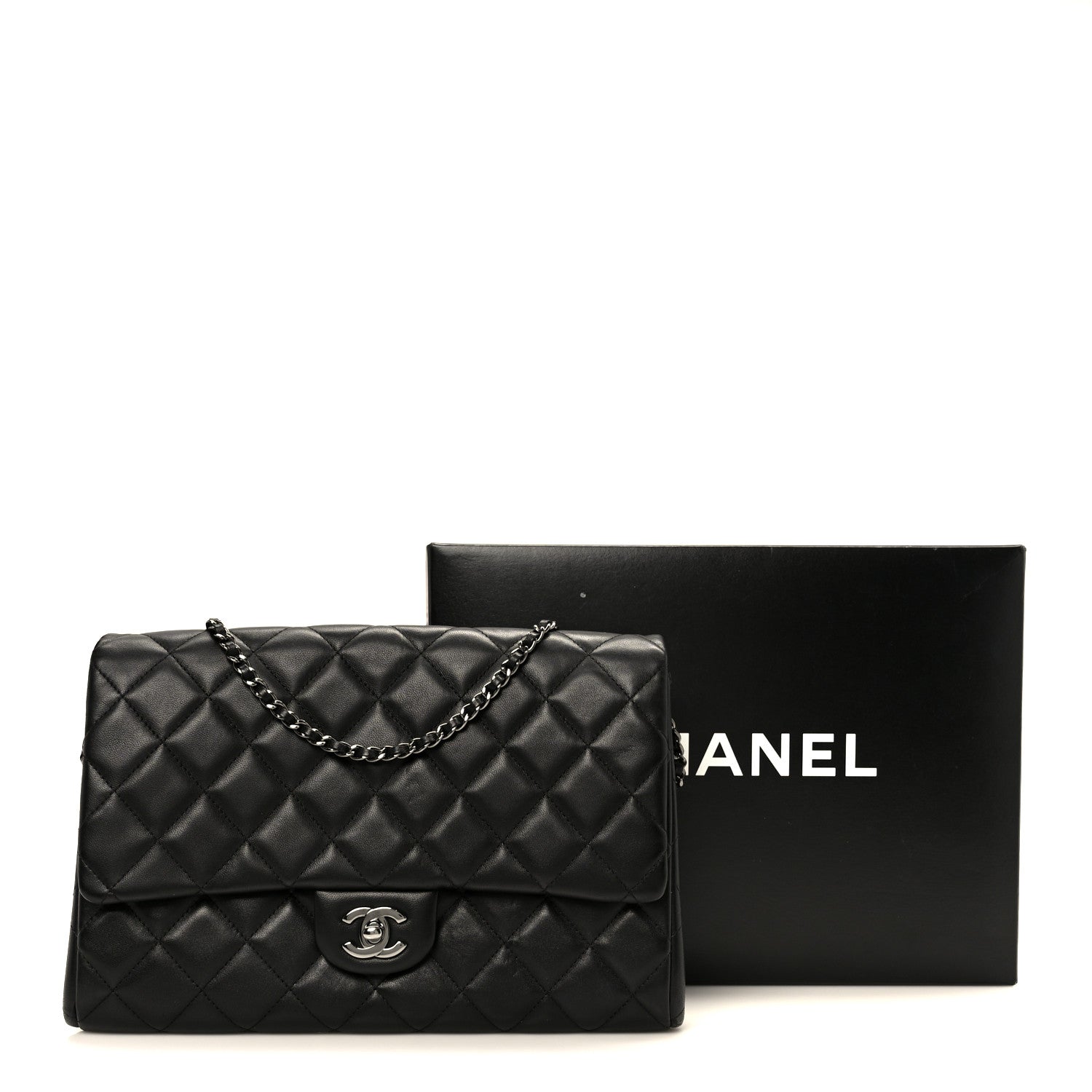 Lambskin Quilted Clutch With Chain Flap Black