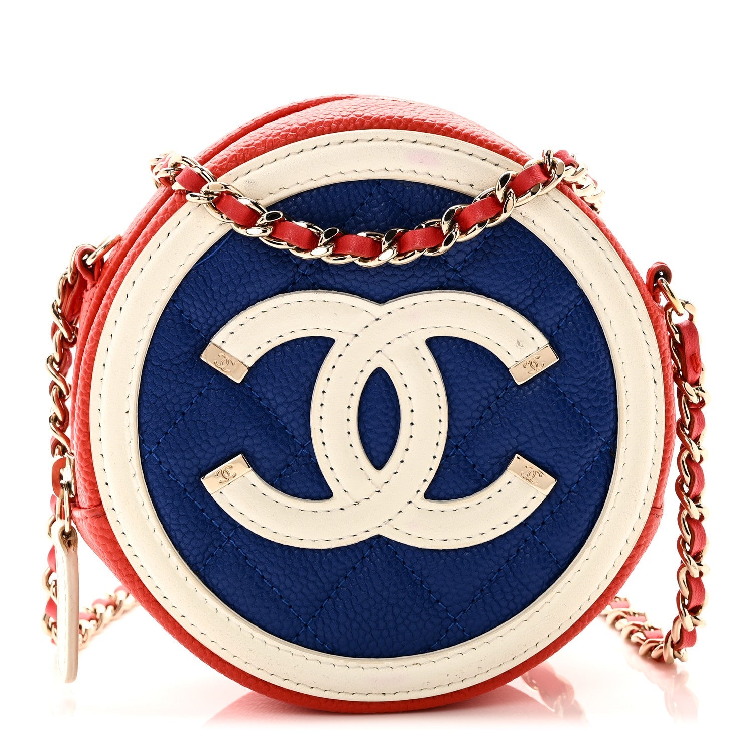 Caviar Quilted Round Filigree Crossbody Blue White Red