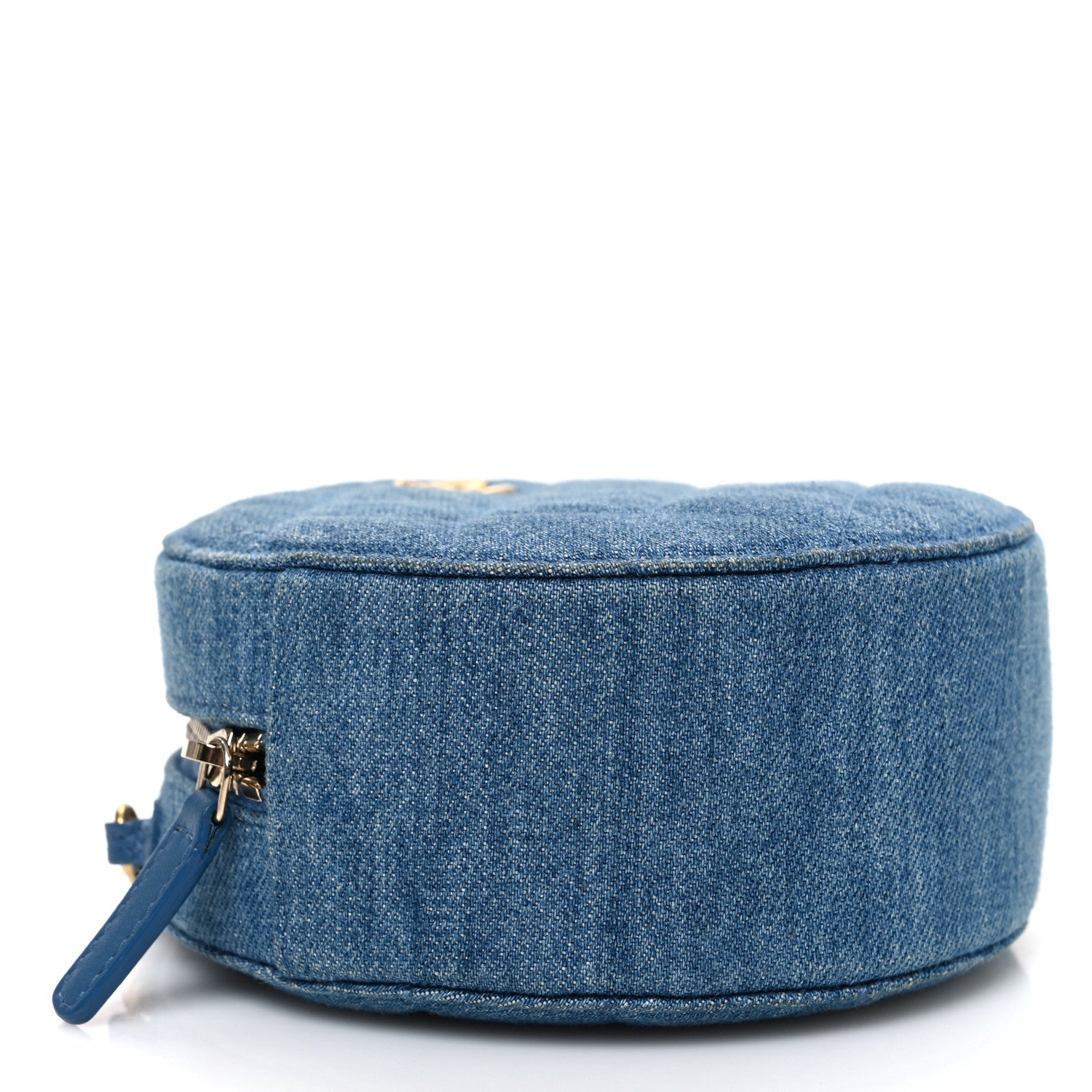 Denim Quilted Round Pearl Crush Clutch With Chain Blue