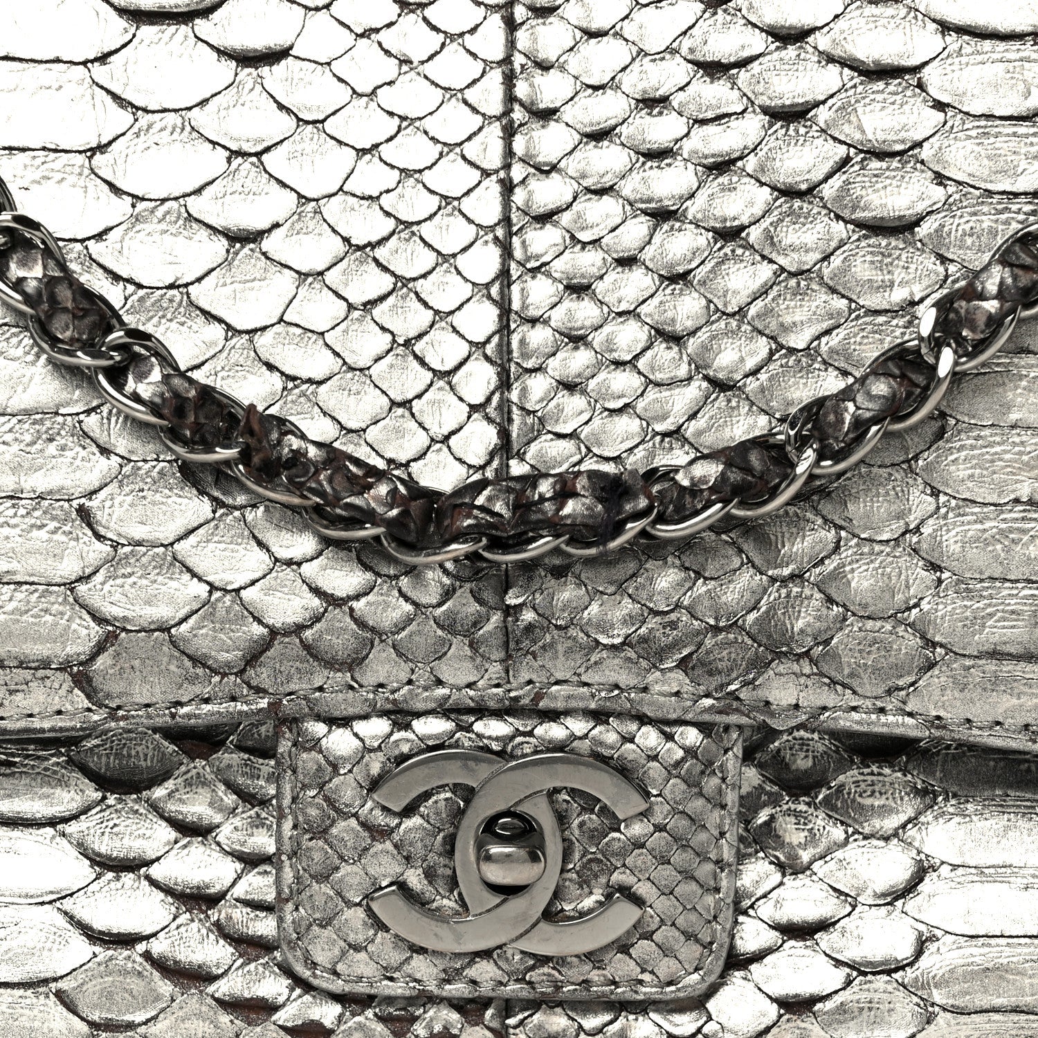Metallic Snakeskin Medium Single Flap Silver