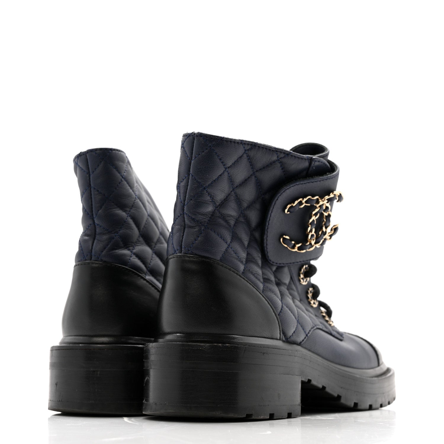 Shiny Lambskin Quilted Lace Up Combat Boots 36.5 Navy Black