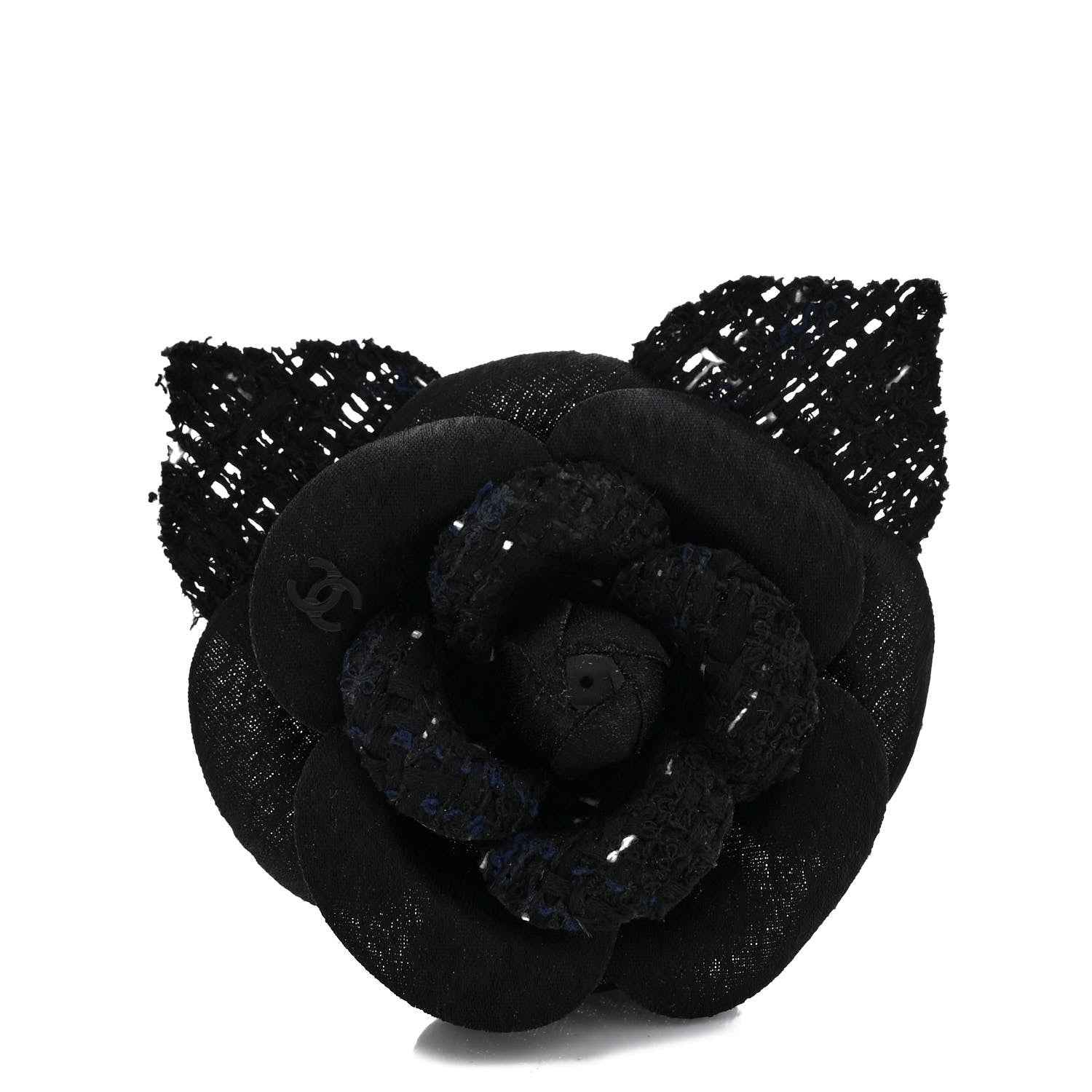 Tweed Camellia Pin Brooch Black White