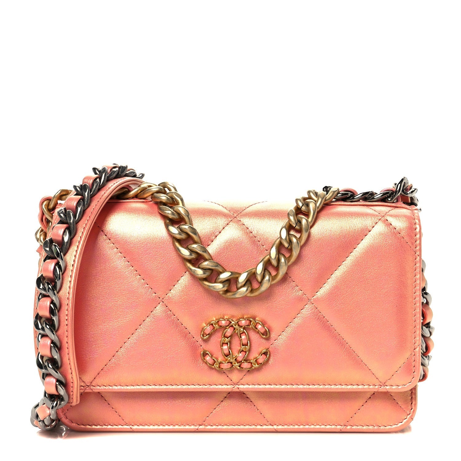 Iridescent Calfskin Quilted Chanel 19 Wallet On Chain WOC Pink