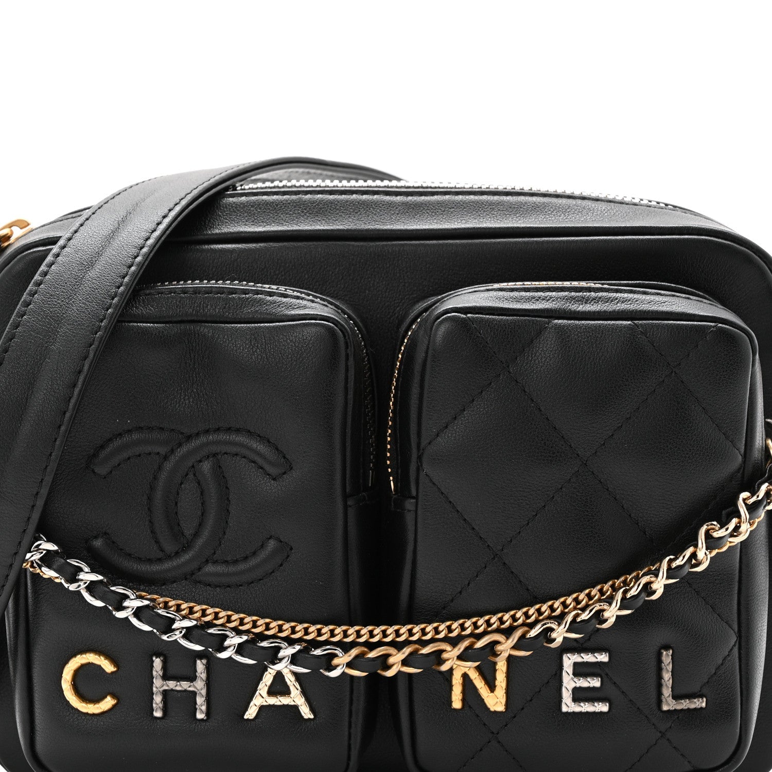 Calfskin Quilted Small Camera Case Black