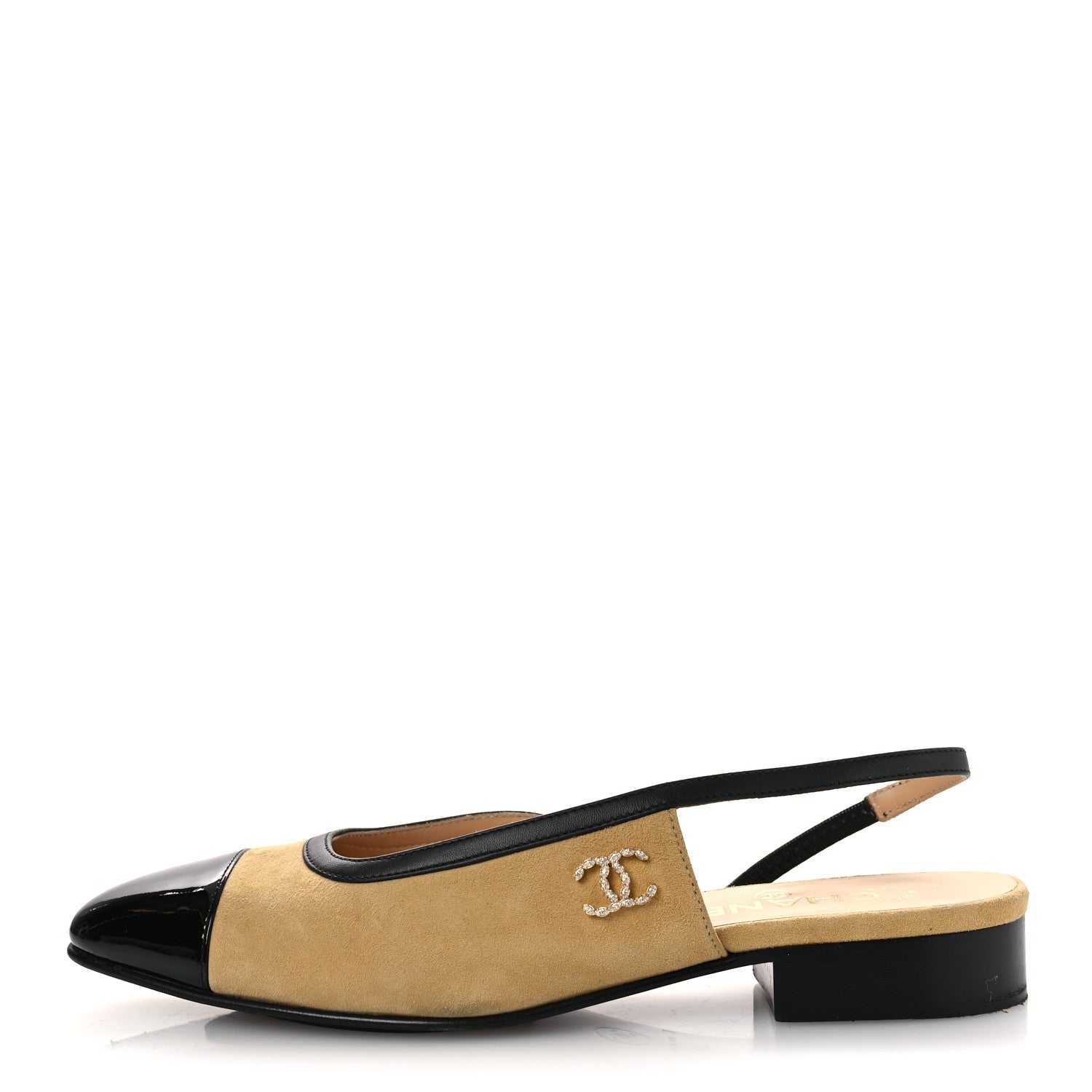 Suede Patent Crystal CC Cap Toe Slingback Flats 37 Beige Black
