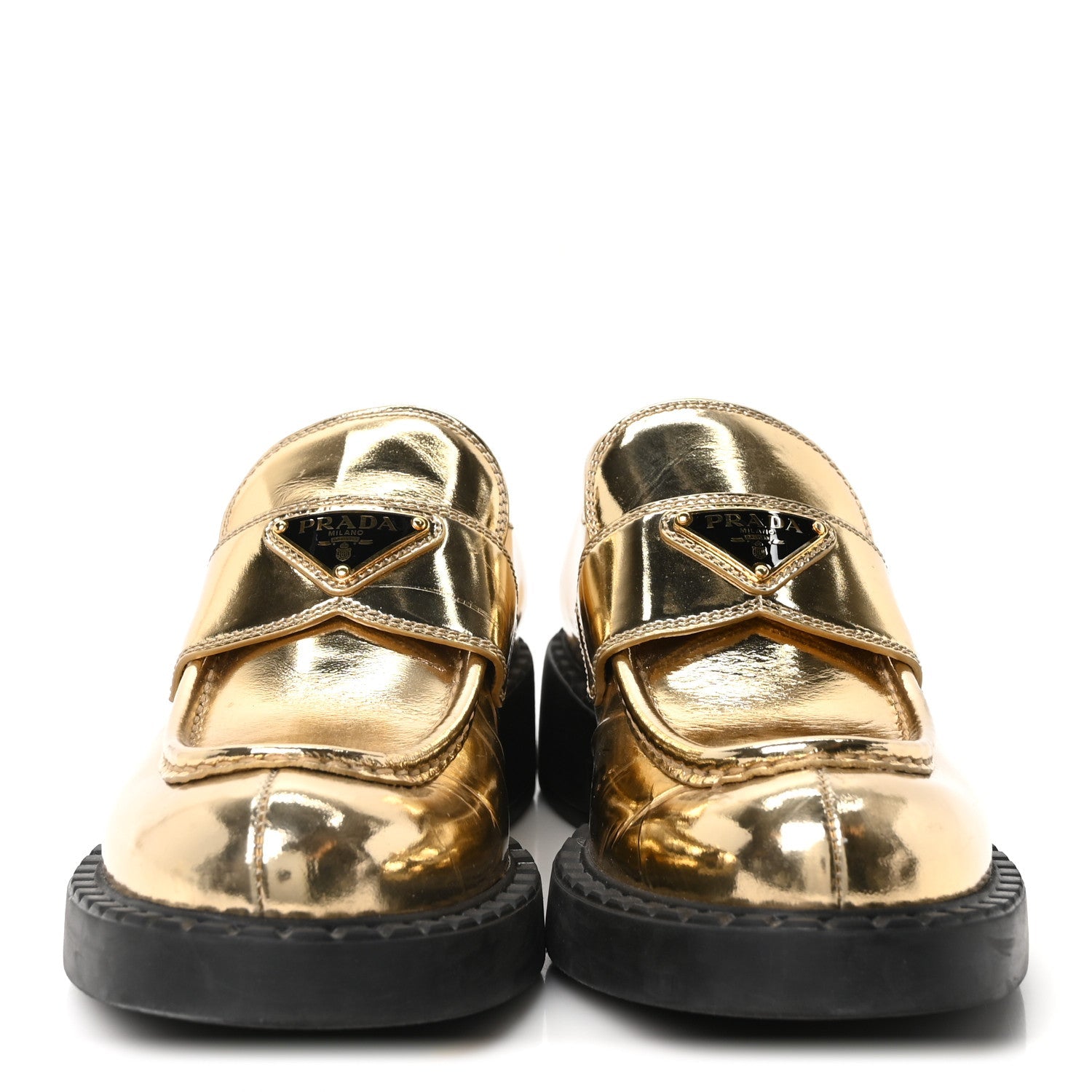 Metallic Brushed Calfskin Metal Triangle Logo 50mm Loafers 39.5 Platino