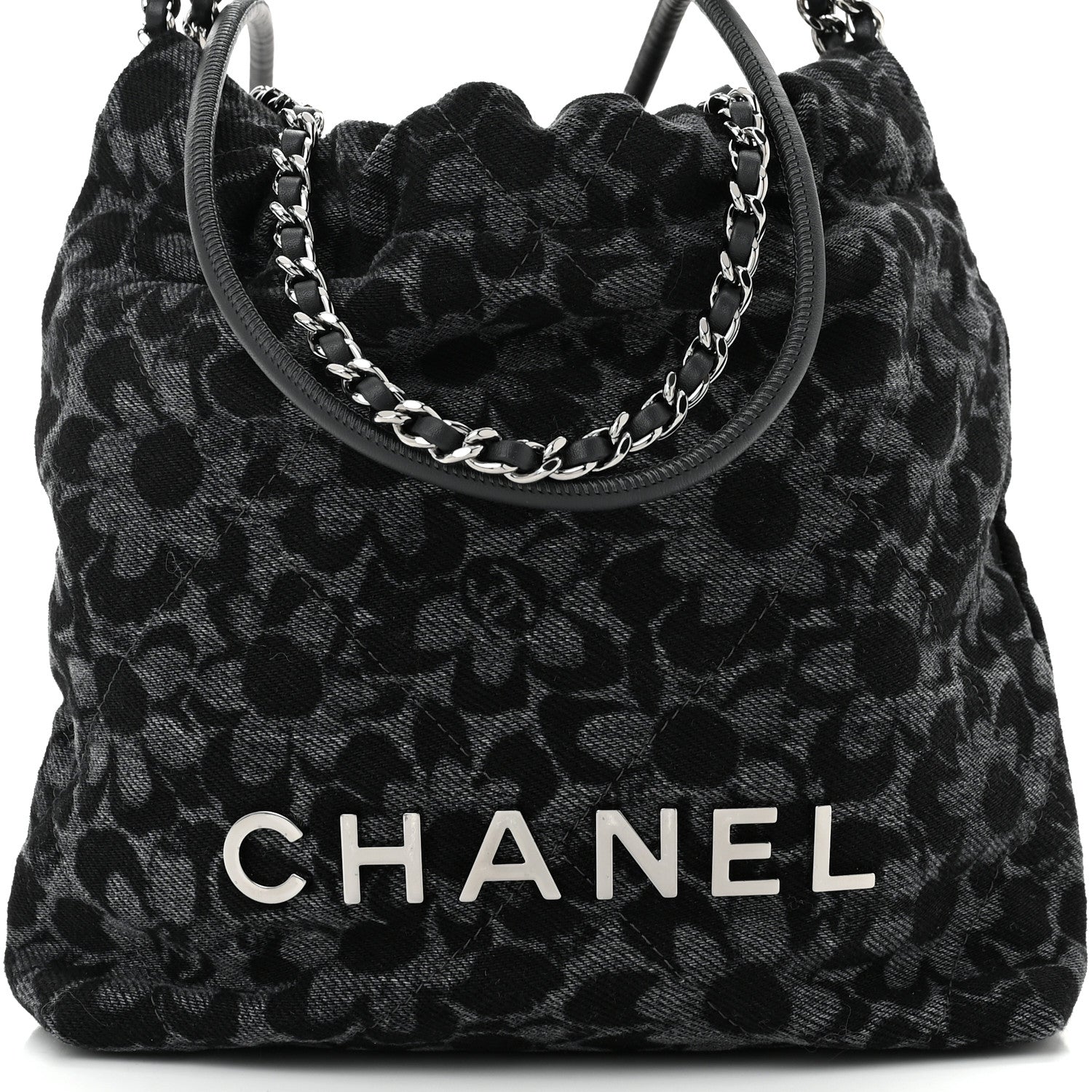 Denim Quilted Floral Print Mini Chanel 22 Black Grey