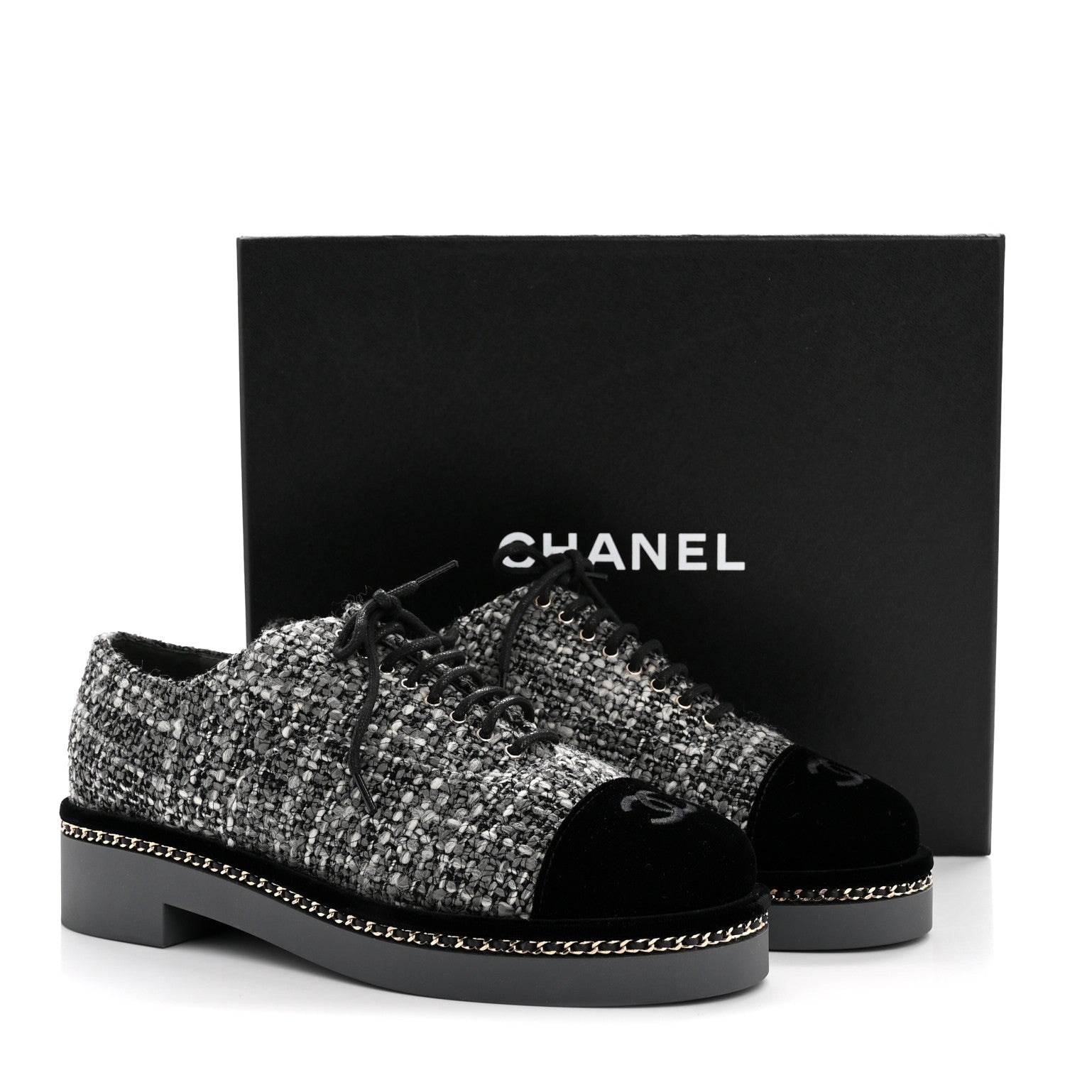 Tweed Suede CC Lace Up Oxfords 38.5 Grey Black