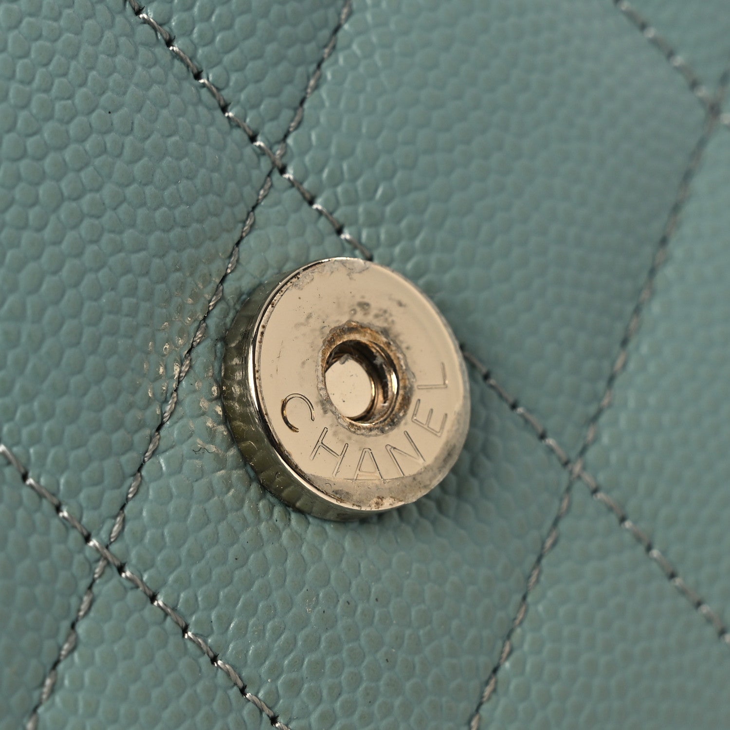Caviar Quilted Phone Holder Wallet on Removable Chain Light Blue