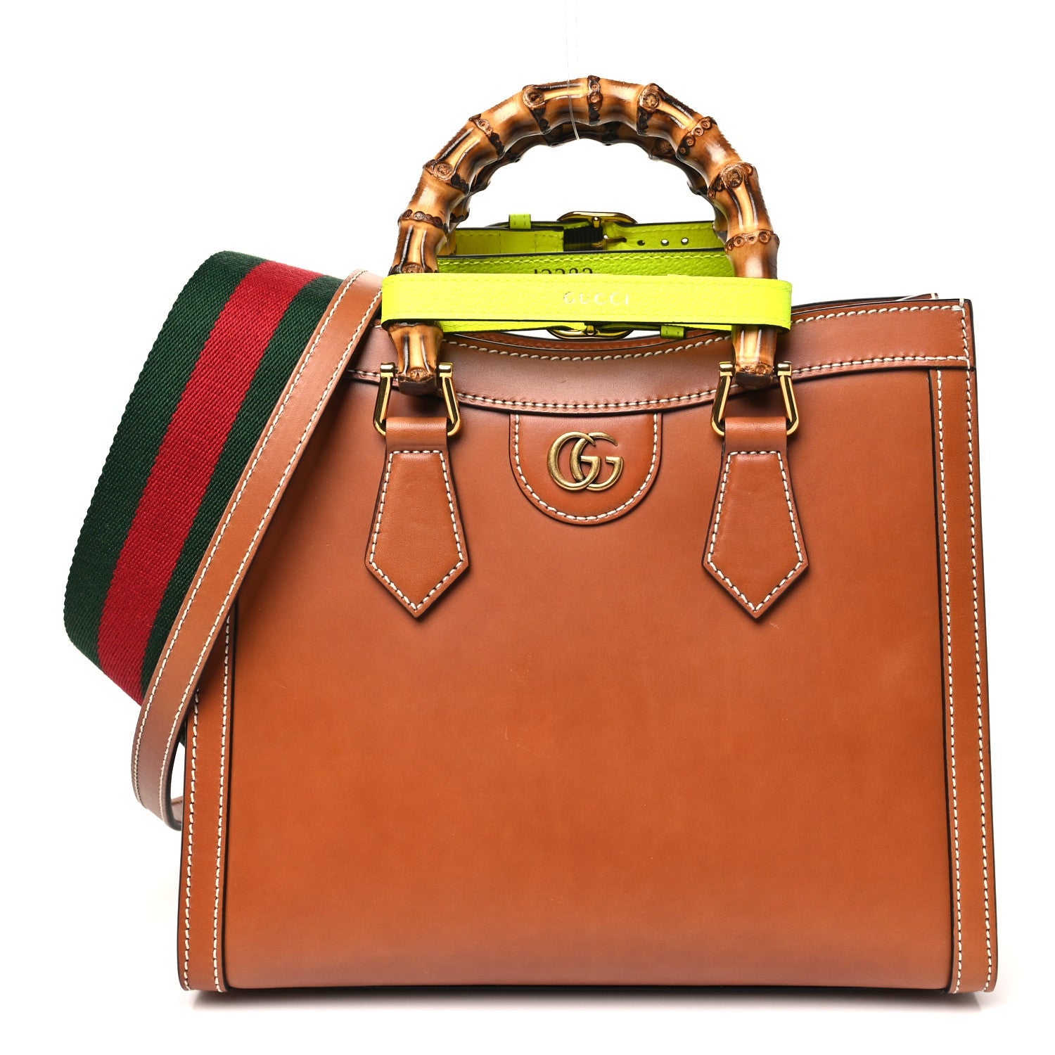 Calfskin Web Small Diana Tote Bag Cuir Yellow Fluo
