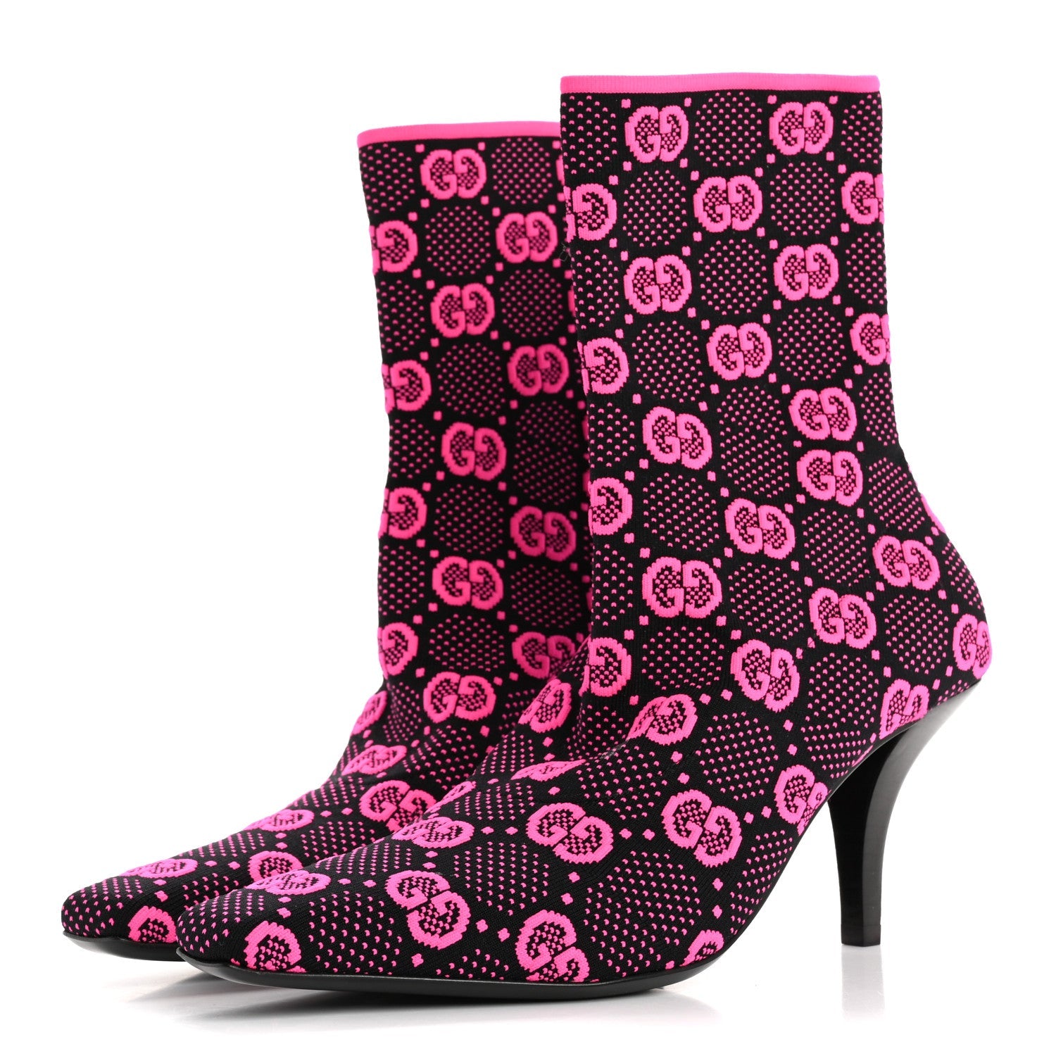 Technical Jersey Knit GG Monogram Square G 75mm Ankle Boots 37 Black Neon Fucsia