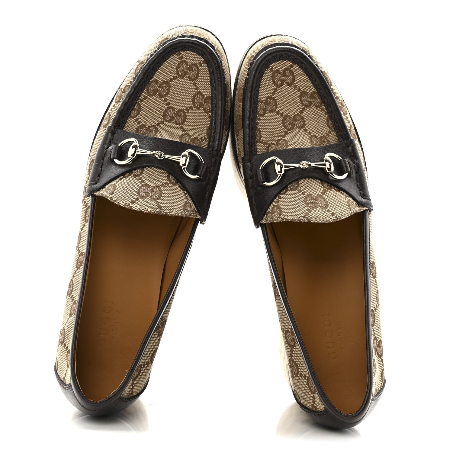 Canvas GG Monogram Horsebit Calfskin Womens Horsebit Platform Loafers 38 Beige Ebony