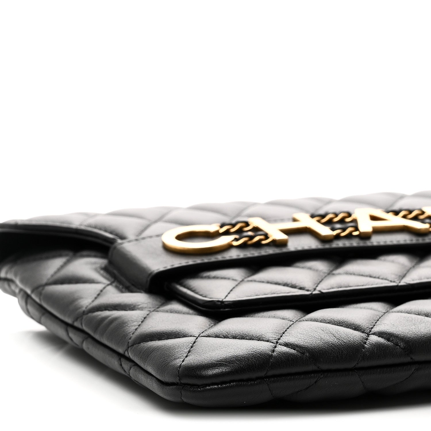 Calfskin Quilted Front Logo Enchained Clutch Black