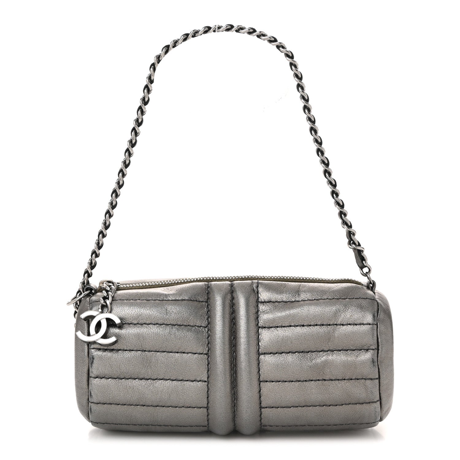Metallic Lambskin Horizontal Quilt Pochette Dark Grey