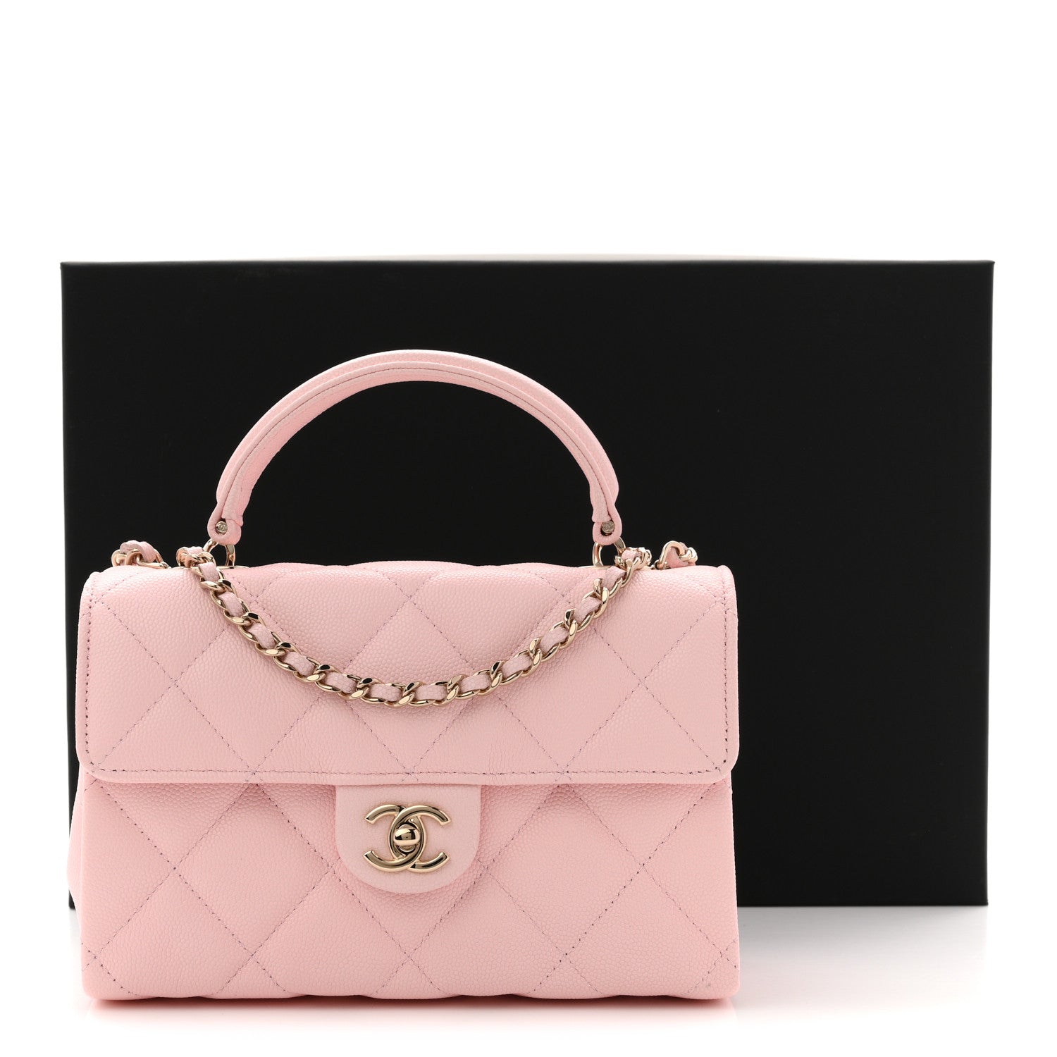 Caviar Quilted Retro Mini Twist Top Handle Clutch Flap Light Pink