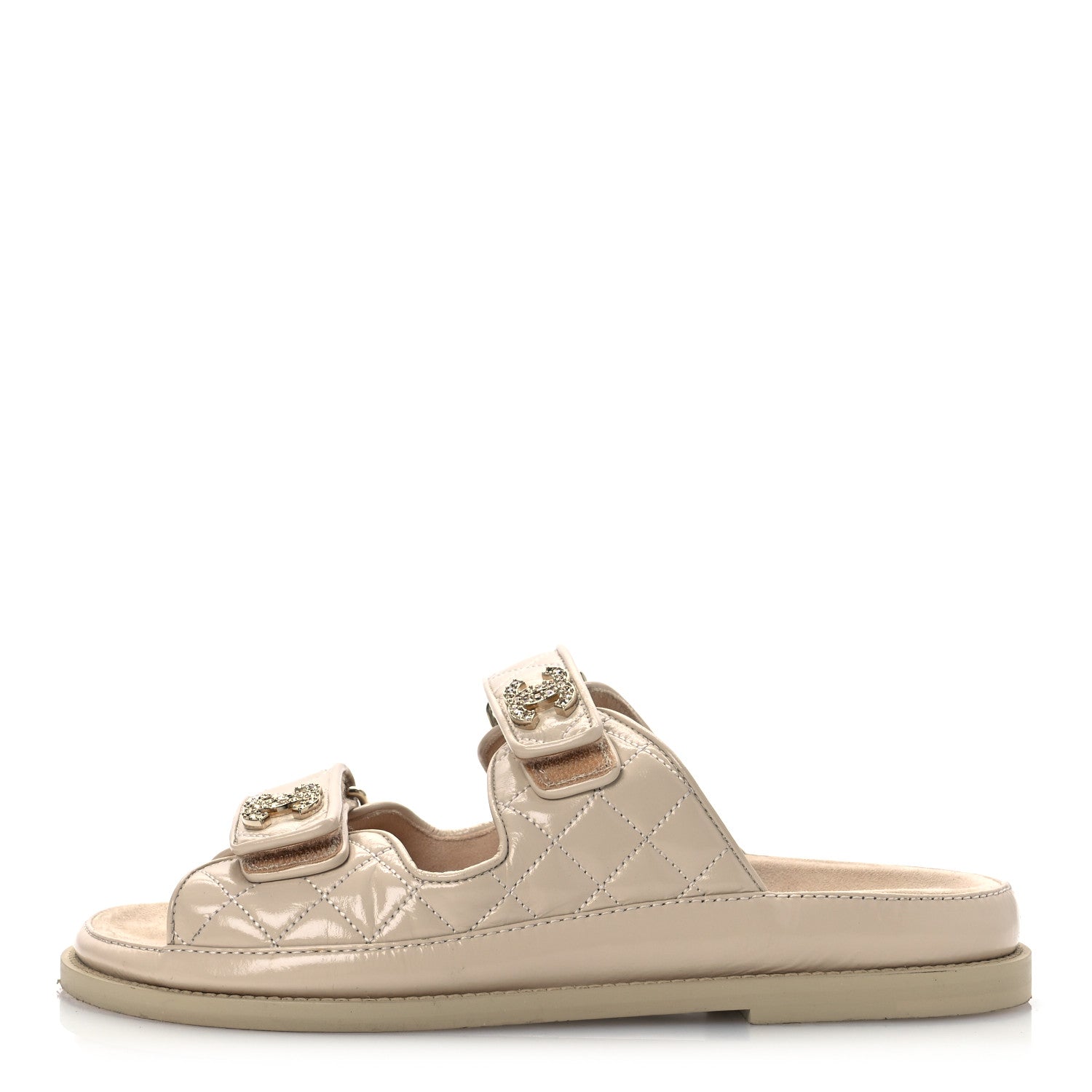 Shiny Calfskin Crystal Quilted Velcro Dad CC Slide Sandals 38 Light Beige