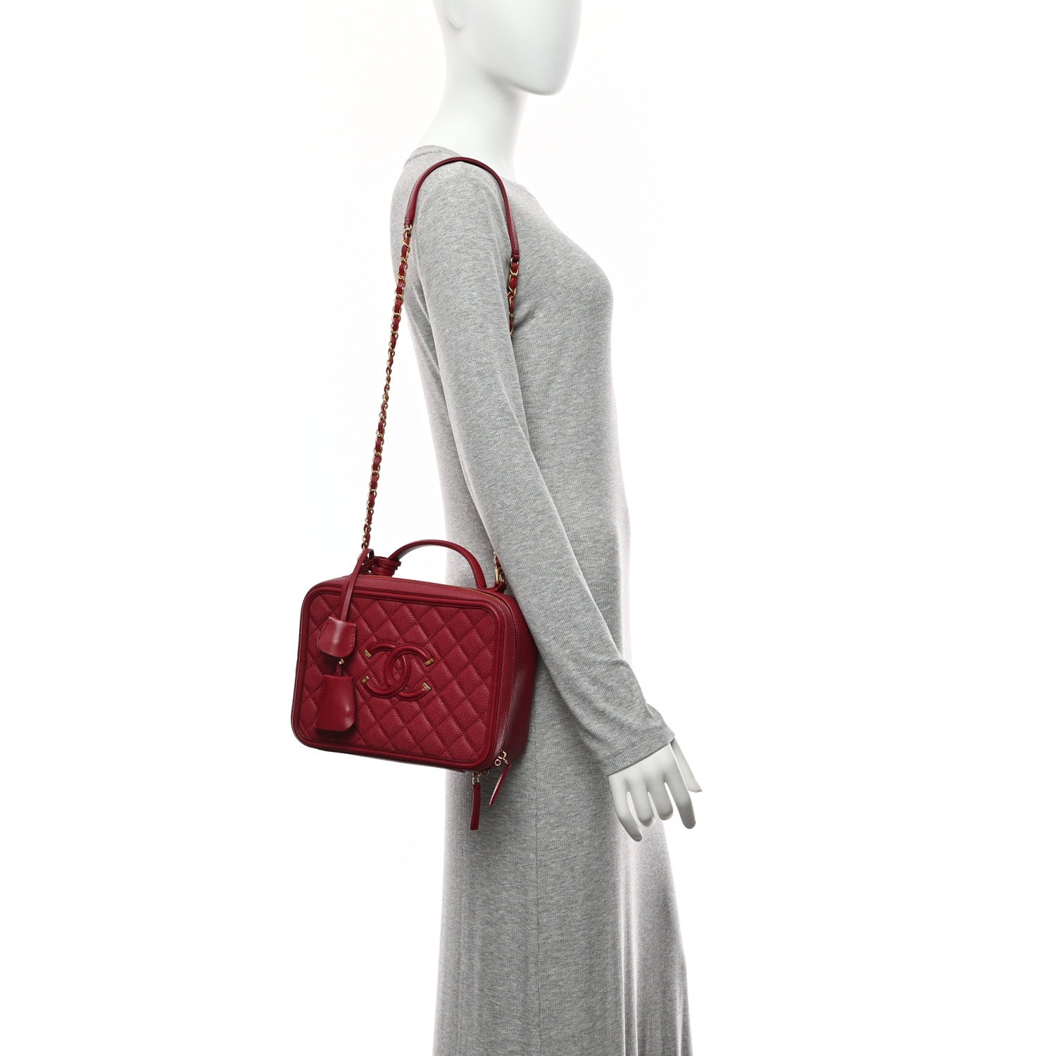 Caviar Quilted Large CC Filigree Vanity Case Burgundy